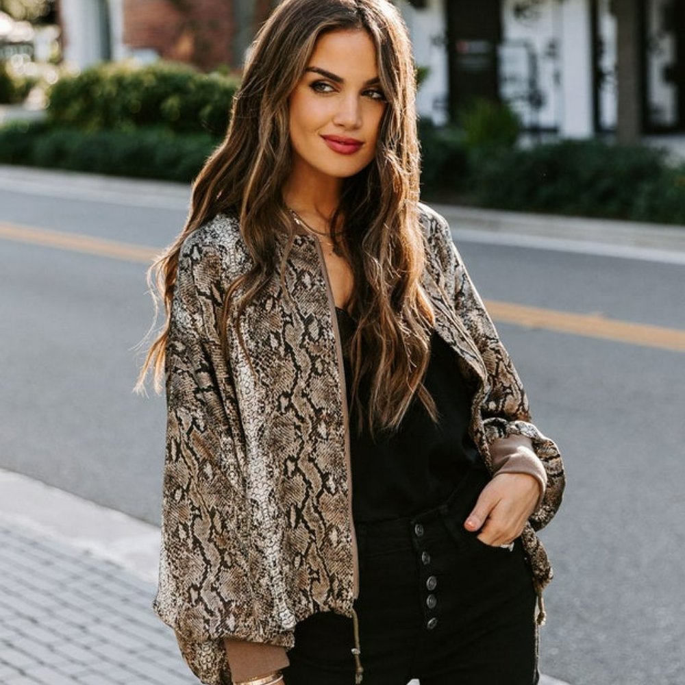 Vici Dolls Snakeskin Satin Bomber Jacket - Size S